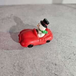 Vintage Russ Berrie Snowman Driving a red car Pull-back